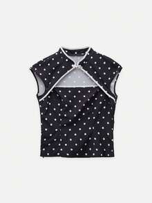 Nöista Áo crop top cổ tàu họa tiết chấm bi dáng ôm cho mùa hè, phong cách đi du lịch và thường ngày thanh lịch - Màu tím - Xem 7