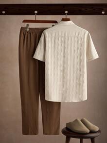 Core Aspect Men's Solid Color Short Sleeve Single-Breasted Shirt And Drawstring Waist Long Pants Set - Multicolor - View 2