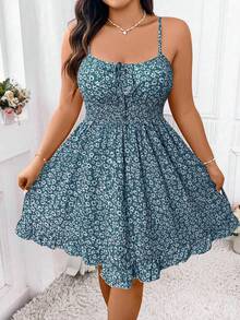 Elenzga Plus Ditsy Floral Print Tie Front Ruffle Hem Cami Dress Vacation Beach Outfits Women - Blue - View 6