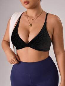 SHEIN Velisys Seamless Sports Yoga Plus Size Double Layer Bra/Leopard Print Texture/Minimalist/Comfortable/Cross Back Strap/Fashion Sexy Versatile/ - Black - View 3