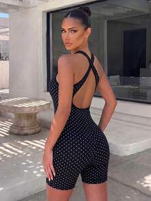 SHEIN Sports Criss-Cross Polka Dot Sports Jumpsuit - Black - View 2