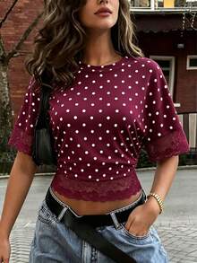Glyssa Women's Casual Short Sleeve Round Neck Slim Fit Lace Trim Going Out Holiday Beach Commute Elegant White Polka Dot T-Shirt Summer - Burgundy - View 1