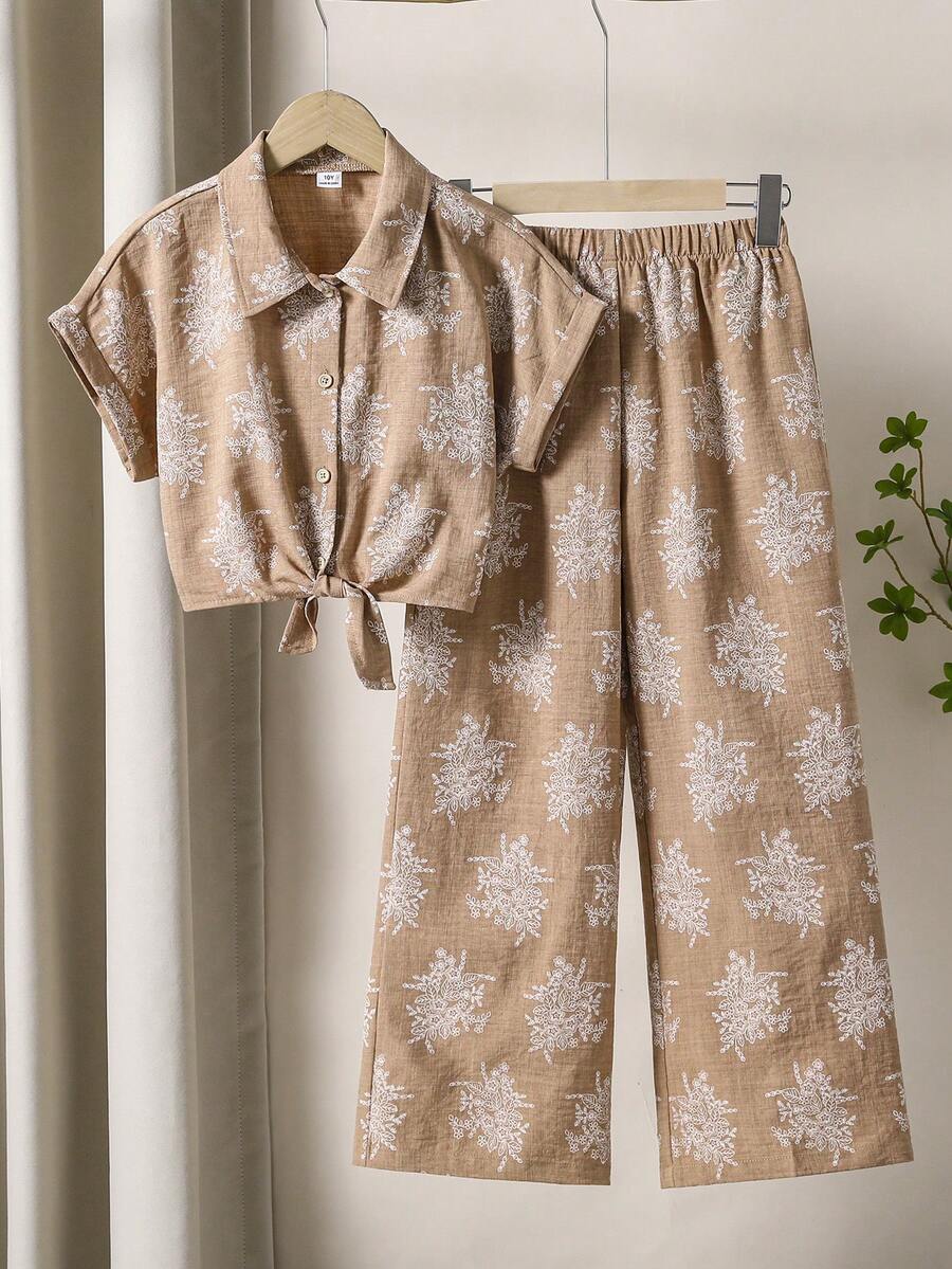 SHEIN 女童 2 件組條紋紋理布料短袖襯衫與休閒長褲套裝,舒適粉色條紋領口鈕扣短袖上衣與蝴蝶結長褲套裝,適合女性日常穿著,春夏季 - 棕色 - 查看 1