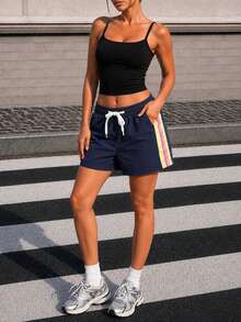 Muchica Navy Blue Side Stripe Pocket Minimalist Sports Shorts Beach Vacation Sports Casual Spring Summer Autumn USA World Cup Soccer Holiday - Navy Blue - View 4