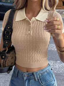 DAZY Women'S Contrast Color Polo Collar Knitted Top - Khaki - View 8