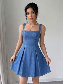 Elenzga 女款百褶休閒日常夏季牛仔洋裝 - 藍色 - 查看 5