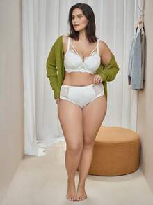 Bralution Solid Color Lace Comfortable Daily Underwire Molded Cup Support Fabric Patchwork Plus Size Lingerie Set Summer - White - View 6