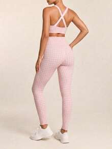 SHEIN BAE Women's Casual Sports Plaid Print Tank Top & Pants Set Perfect Airport Outfit Suitable For Tennis Yoga Studio Pilates Daily Wear Cute Summer Outfits Festival Outfits Beach Outfits Sea Going Out Outfits Women's Gym Clothes Gym Female Gym Set Casual Sets Holiday Outfits Vacation Sportswear Workout Sets Pink Plaid Pattern - Pink - View 5