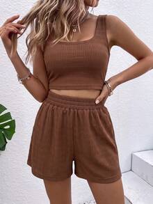 SHEIN Holidaya 女款方領短版背心與短褲休閒兩件套 - 棕色 - 查看 1