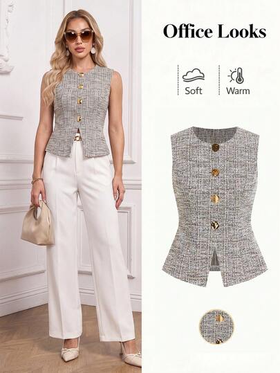 Ellevyn Gilet sans manches style français avec bouton en métal, chemise pour le trajet domicile-travail pour femmes