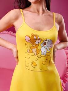 TOM & JERRY X SHEIN 女士黄色卡通奶酪图案可爱居家休闲日常睡裙春夏 - 黃色 - 查看 4