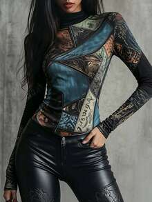 Trelyra Autumn Fitted Patchwork Print T-Shirt, Vintage Casual Top - Black - View 6