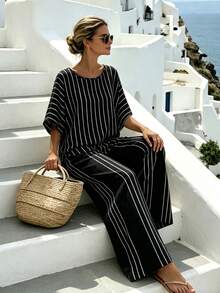 SHEIN Fiorisel 法式休閒風條紋喇叭袖兩件套－夏季度假顯瘦寬鬆透視上衣與寬腿長褲套裝 - 黑色 - 查看 4