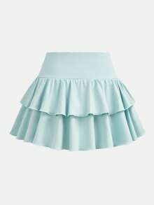 SHEIN Girlism 青少年女孩休閒運動學院風返校穿搭 薄荷綠內建內搭褲雙層荷葉邊蛋糕迷你裙 - 薄荷綠 - 查看 2