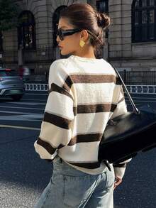 Livesso Tall Sweater Kasual Wanita Lengan Panjang Longgar Bergaris Leher Bulat untuk Musim Gugur - Aprikot - View 3