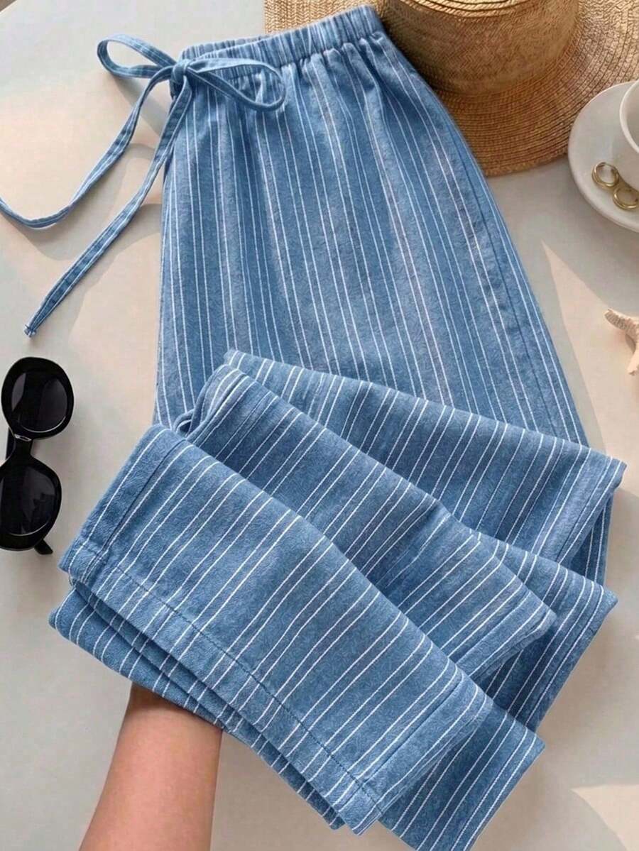 SHEIN EZwear 女款休閒腰部綁帶直筒長褲,適合夏季 - 淺藍色 - 查看 1
