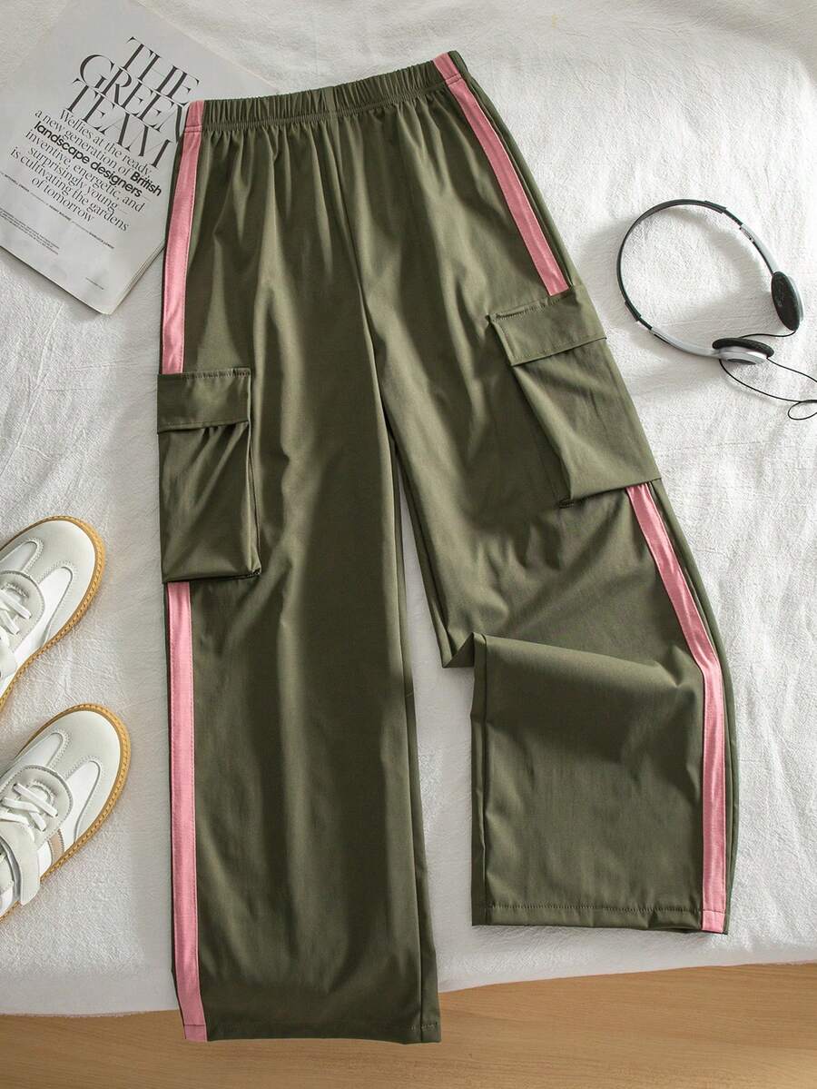 SHEIN 青少年女孩拼色鬆緊腰寬鬆工裝褲 - 軍綠色 - 查看 1