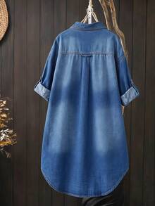 EMERY ROSE Áo khoác denim nữ size lớn tay dài cài nút đơn phong cách thường ngày thập niên 90 có túi màu xanh navy cho hẹn hò, du lịch, mùa thu - Màu xanh lam - Xem 2
