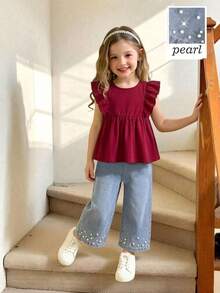 SHEIN Genkimix Kids 两件套：少女可爱简约休闲荷叶边无袖上衣和时尚铆钉牛仔裤 - 酒紅色 - 查看 7