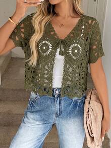 Easowa Kardigan Rajut Lengan Pendek Berongga Gaya Liburan Kasual, Cottage Core, Boho Era 90-an, Warna Hijau Army, Hijau Zaitun Musim Panas - Olive Green - View 1