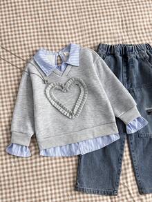 SHEIN 女童 2 合 1 拼接長袖衛衣，適合校園日常穿著、週末聚會、假期派對，秋季款 - 灰色 - 查看 4