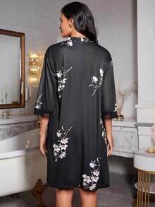 SHEIN 2pcs Contrast Lace Printed Camisole Sleepwear Dress & Robe Set - Black - View 2