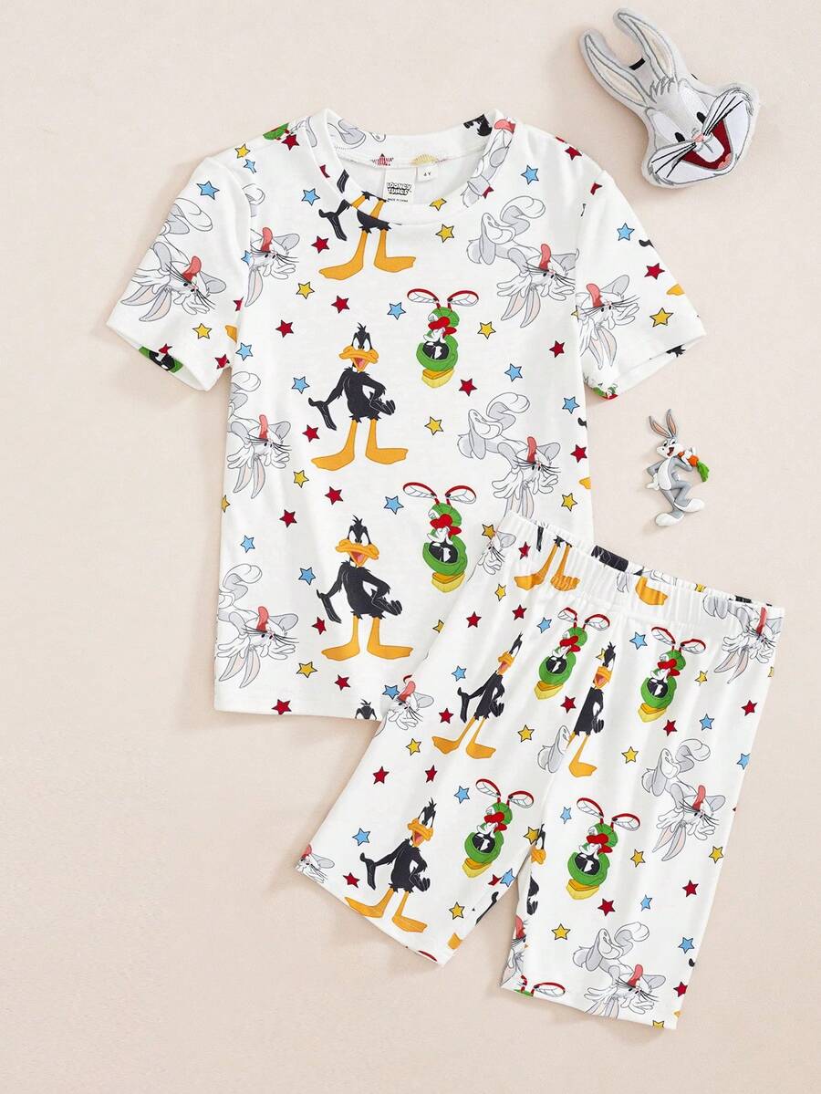 LOONEY TUNES X SHEIN 小男孩圓領短袖上衣與短褲家居服 - 白色 - 查看 1