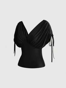 ROMWE Y2K復古辣妹風寬鬆抓皺蝙蝠袖T恤，收腰顯瘦女款上衣，純色休閒日常穿搭 - 黑色 - 查看 1