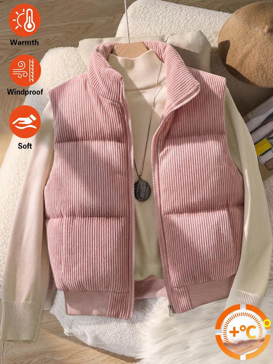 SHEIN 女童（大童）休閒百搭運動風立領短版絎縫加厚背心，秋冬款 - 彩色 - 查看 1