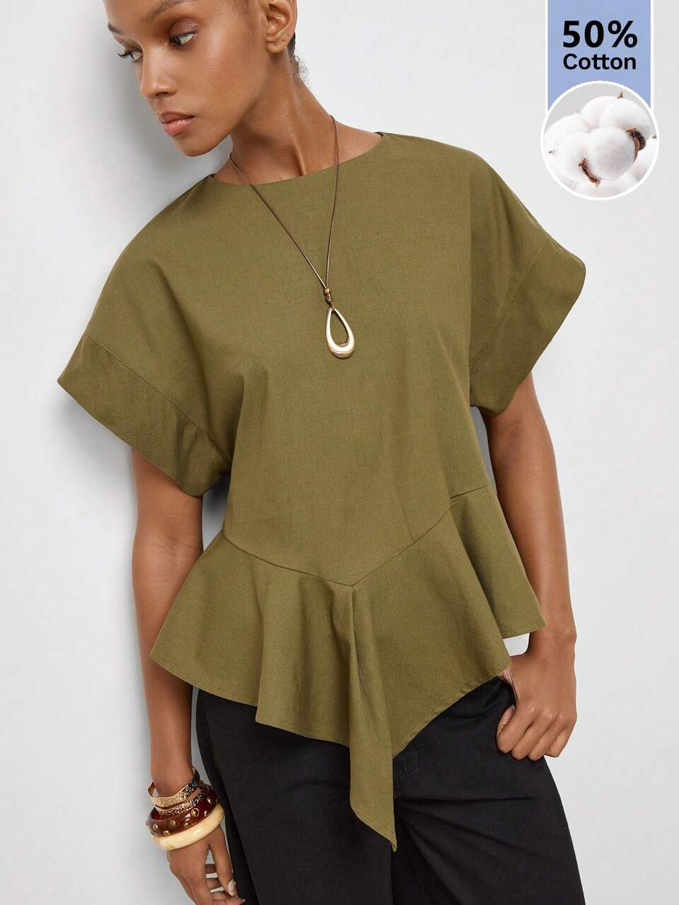 SHEIN Maija Women's Casual Solid Color Asymmetrical Hem Top,Going Out Brunch Outfits, Work Outfits For Women,Summer Clothes Olive Green