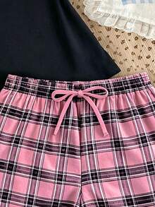青少年女孩休閒寬鬆極簡風圓領短袖短褲家居服，適合春夏穿著 - 彩色 - 查看 5
