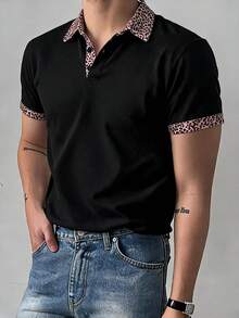DAZY Men's Short Sleeve Slightly Loose Fit T-Shirt With Contrast Color Patchwork Collar Summer - Black - View 4