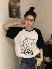 TOM AND JERRY X DAZY Women's Round Neck Cartoon Girl Casual T-Shirt - Black - View 5