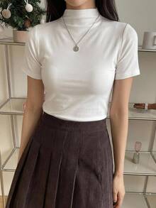 DAZY Solid Stand Collar Tee - White - View 1