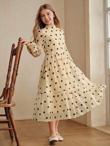 Anewsta Girls' Elegant Fashion Black Polka Dot Stand Collar Ruffle Puff Sleeve Long Sleeve Apricot Dress, Spring/Autumn Long Sleeve Dress. Suitable For Daily Wear. - Apricot - View 6