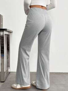 SHEIN PETITE 女款純色抽繩腰休閒喇叭褲 - 淺灰色 - 查看 2