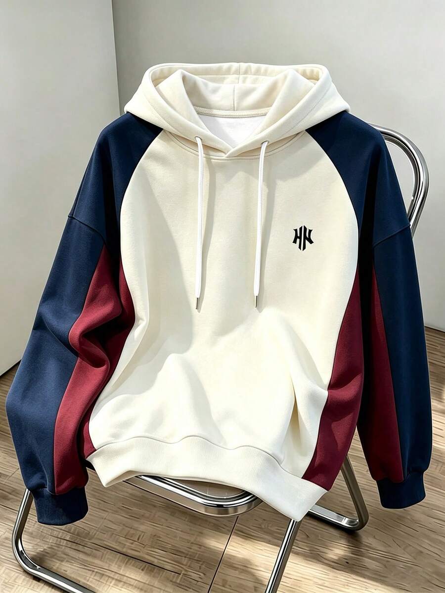 Chillumni 男士 Double H 創意設計小圖案圓領拼色長袖雙層連帽衛衣，時尚休閒百搭運動風長袖男士雙層連帽衛衣 - 彩色 - 查看 1