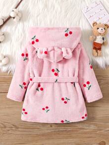 SHEIN Young Girl Young Girl Cute Comfortable Hooded Robe (With Detachable Belt) Cherry Print Pink Cute Towel Bath Comfy Soft Warm Winter Spring Autumn Casaul - Pink - View 3
