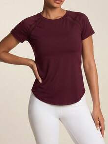 SHEIN BAE Kaos Olahraga Wanita Lengan Pendek Raglan Kasual untuk Kebugaran dan Latihan - Burgundy - View 4