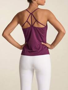 SHEIN BAE Powerista Solid Color Fashion Sport T-Shirts & Tanks, Suitable For Summer Women's Casual Sports Solid Color Tank Top Cut Out Back Solid Sports Tee Gym Top Workout Tank Top Purple  Seksi Chic  For Daily Wear Yoga Yoga Studio Tennis  Gym Indoor Outdoor Active - Burgundy - View 5