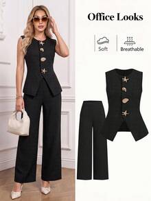 Ellevyn Blusa elegante sin mangas con botones de concha marina y estrella - Negro - Ver 8