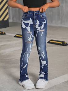 SHEIN Tween Girl Y2K Fashion Stonewashed High Waist Ripped Denim Long Jeans With Art Prints, Tween Girl Back To School Streetwear - Medium Wash - View 3