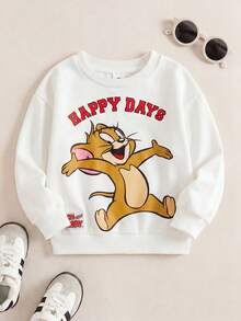 TOM & JERRY X SHEIN 年轻女孩卡通字母印花圆领休闲可爱运动衫，春秋 - 白色 - 查看 1