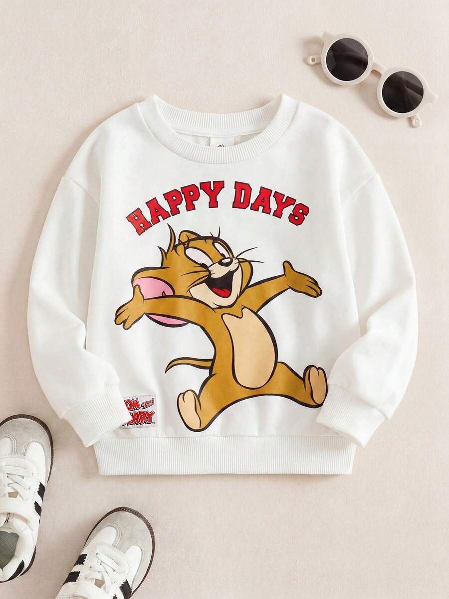 TOM & JERRY X SHEIN 年轻女孩卡通字母印花圆领休闲可爱运动衫,春秋 - 白色 - 查看 1