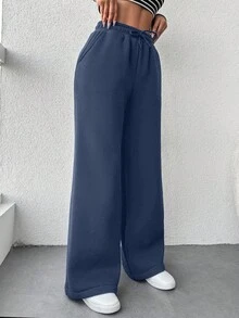 SHEIN Cottnline 女士休闲纯色抽绳腰直筒运动裤，秋冬 - 藍色 - 查看 3