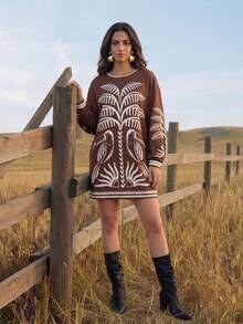 CAJUNI Women's Casual Loose Round Neck Long Sleeve Palm Tree Print Vacation Dress - Brown - View 6