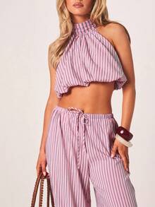 MISSGUIDED 條紋掛脖短版上衣與寬腿長褲套裝 夏季海灘度假兩件式穿搭套裝 - 藍色 - 查看 4