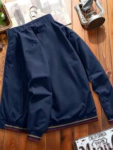 Manfinity Homme Men's Solid Color Long Sleeve Zip-Up Jacket - Navy Blue - View 2