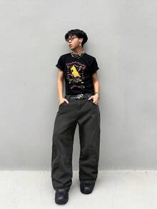 Manfinity EMRG 男士時尚純色寬鬆休閒牛仔褲 - 黑色 - 查看 5