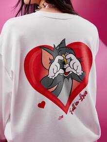 TOM & JERRY X SHEIN Damen Lässig Cartoon Katze & Herz Muster Rundhals Sweatshirt, Herbst - Weiss - Übersicht 2
